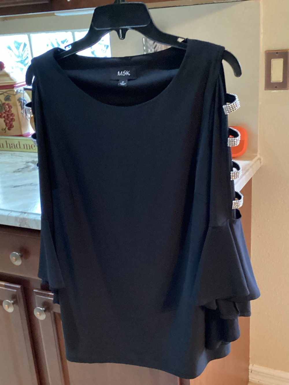 MSK Black Cold Shoulder Ruffle Blouse with Rhinestone-Strap Accents